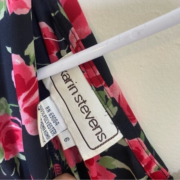 Karin Stevens Vintage 90s Black Rose Print Semi Sheer Midi Dress Size 6 - Picture 8 of 14